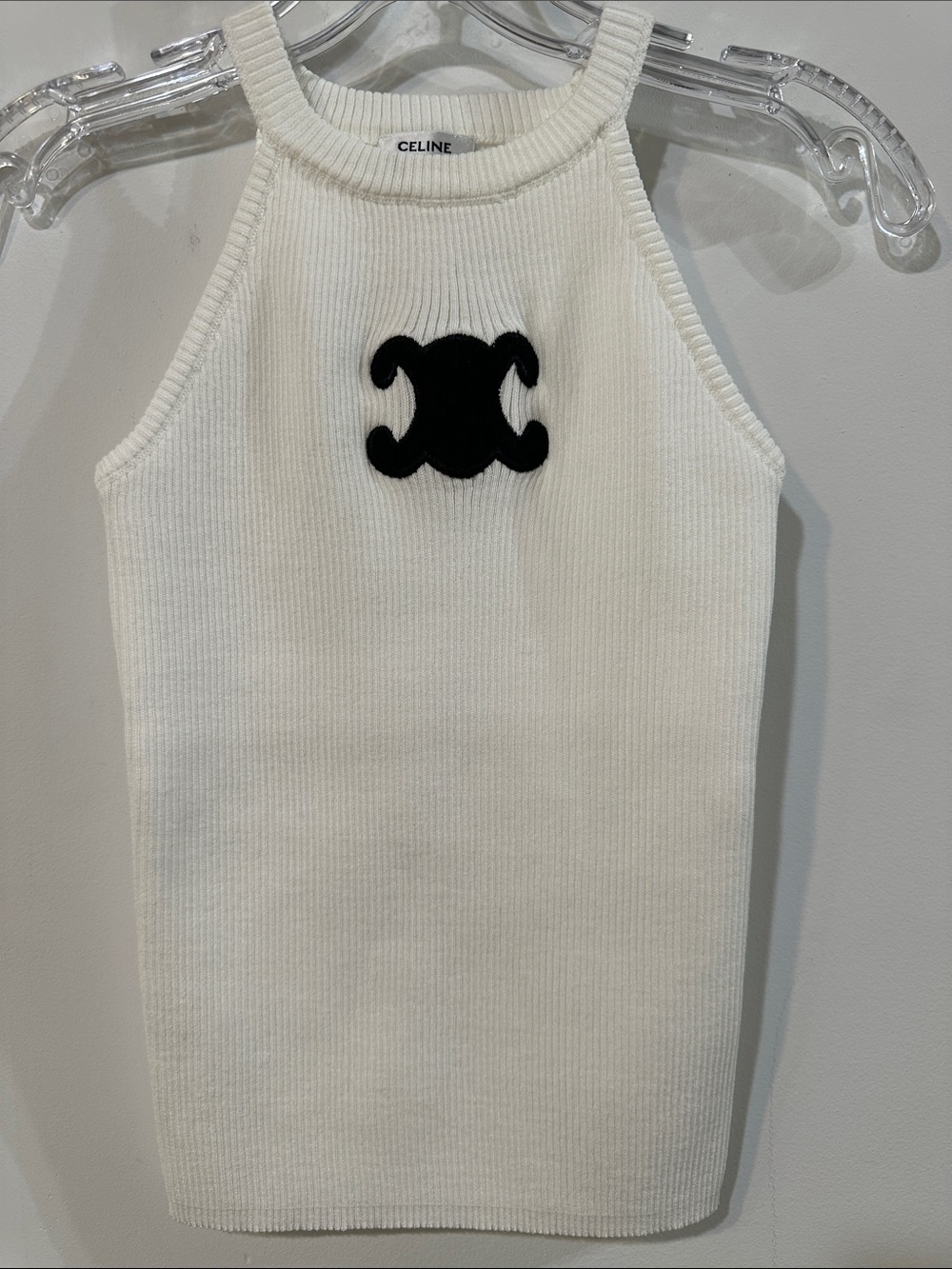 Celine Cream Ribbed Halter Tank with Black Logo Patch